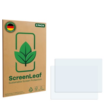 Front side of a product packaging with the brand logo ScreenLeaf. Next to it is the corresponding screen protector.