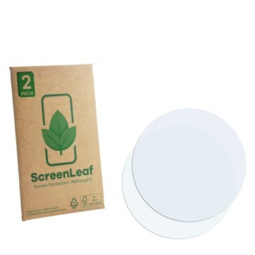 Parte frontal de un envase de producto con el logotipo de la marca ScreenLeaf. Al lado está el protector de pantalla correspon
