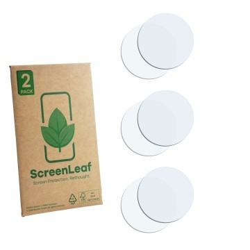 Face avant d’un emballage produit avec le logo de la marque ScreenLeaf. À côté se trouve la protection d’écran correspondante.