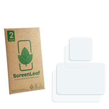 Vorderseite einer Produktverpackung mit dem Markenlogo ScreenLeaf. Daneben ist der zugehörige Displayschutz.