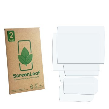 Parte frontale di una confezione del prodotto con il logo del marchio ScreenLeaf. Accanto si trova la protezione per lo scherm