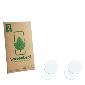 Face avant d’un emballage produit avec le logo de la marque ScreenLeaf. À côté se trouve la protection d’écran correspondante.
