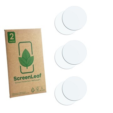 Parte frontal de un envase de producto con el logotipo de la marca ScreenLeaf. Al lado está el protector de pantalla correspon