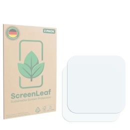 Face avant d’un emballage produit avec le logo de la marque ScreenLeaf. À côté se trouve la protection d’écran correspondante.