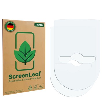 Parte frontal de un envase de producto con el logotipo de la marca ScreenLeaf. Al lado está el protector de pantalla correspon