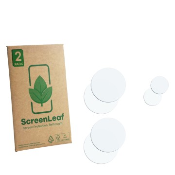 Front side of a product packaging with the brand logo ScreenLeaf. Next to it is the corresponding screen protector.