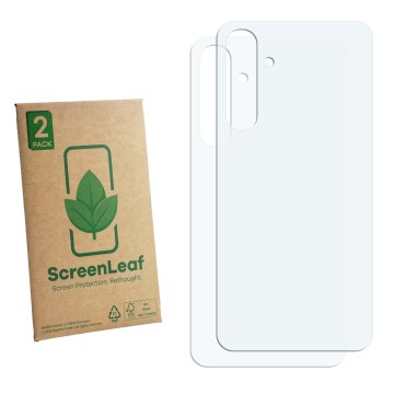 Parte frontale di una confezione del prodotto con il logo del marchio ScreenLeaf. Accanto si trova la protezione per lo scherm