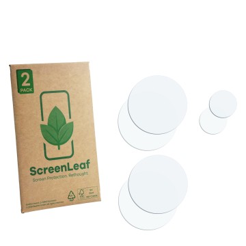 Vorderseite einer Produktverpackung mit dem Markenlogo ScreenLeaf. Daneben ist der zugehörige Displayschutz.