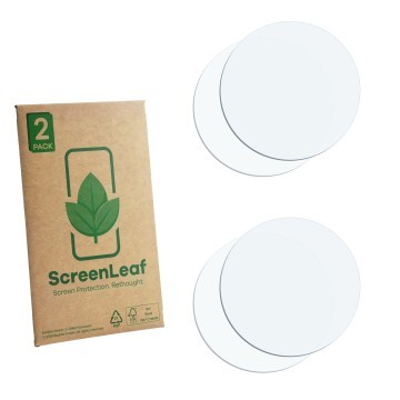 Face avant d’un emballage produit avec le logo de la marque ScreenLeaf. À côté se trouve la protection d’écran correspondante.