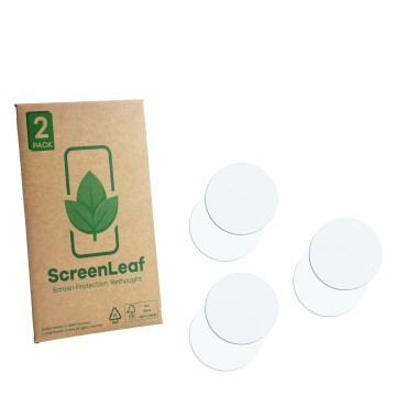 Parte frontale di una confezione del prodotto con il logo del marchio ScreenLeaf. Accanto si trova la protezione per lo scherm