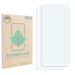 Vorderseite einer Produktverpackung mit dem Markenlogo ScreenLeaf. Daneben ist der zugehörige Displayschutz.