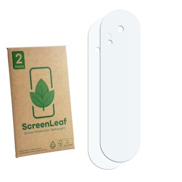 Vorderseite einer Produktverpackung mit dem Markenlogo ScreenLeaf. Daneben ist der zugehörige Displayschutz.