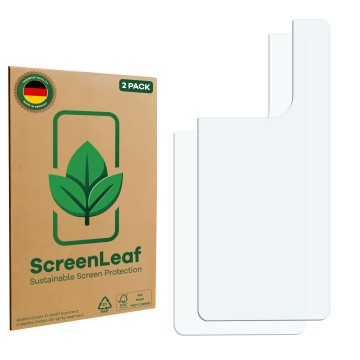 Face avant d’un emballage produit avec le logo de la marque ScreenLeaf. À côté se trouve la protection d’écran correspondante.