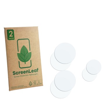 Face avant d’un emballage produit avec le logo de la marque ScreenLeaf. À côté se trouve la protection d’écran correspondante.