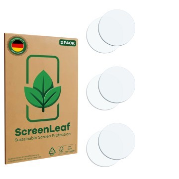 Face avant d’un emballage produit avec le logo de la marque ScreenLeaf. À côté se trouve la protection d’écran correspondante.