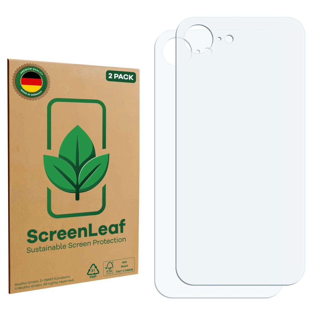 Vorderseite einer Produktverpackung mit dem Markenlogo ScreenLeaf. Daneben ist der zugehörige Displayschutz.