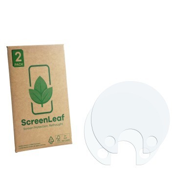 Front side of a product packaging with the brand logo ScreenLeaf. Next to it is the corresponding screen protector.