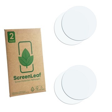 Parte frontale di una confezione del prodotto con il logo del marchio ScreenLeaf. Accanto si trova la protezione per lo scherm