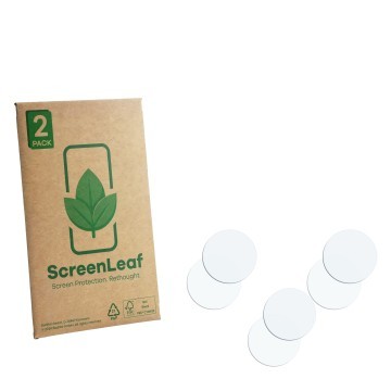 Face avant d’un emballage produit avec le logo de la marque ScreenLeaf. À côté se trouve la protection d’écran correspondante.