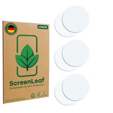Front side of a product packaging with the brand logo ScreenLeaf. Next to it is the corresponding screen protector.
