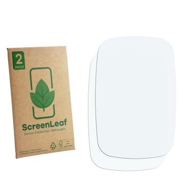 Face avant d’un emballage produit avec le logo de la marque ScreenLeaf. À côté se trouve la protection d’écran correspondante.