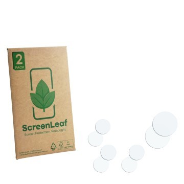 Parte frontal de un envase de producto con el logotipo de la marca ScreenLeaf. Al lado está el protector de pantalla correspon