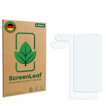 Vorderseite einer Produktverpackung mit dem Markenlogo ScreenLeaf. Daneben ist der zugehörige Displayschutz.