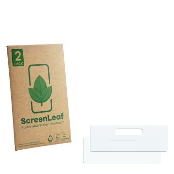 Face avant d’un emballage produit avec le logo de la marque ScreenLeaf. À côté se trouve la protection d’écran correspondante.