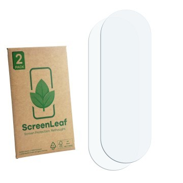 Parte frontale di una confezione del prodotto con il logo del marchio ScreenLeaf. Accanto si trova la protezione per lo scherm