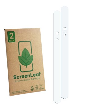Vorderseite einer Produktverpackung mit dem Markenlogo ScreenLeaf. Daneben ist der zugehörige Displayschutz.