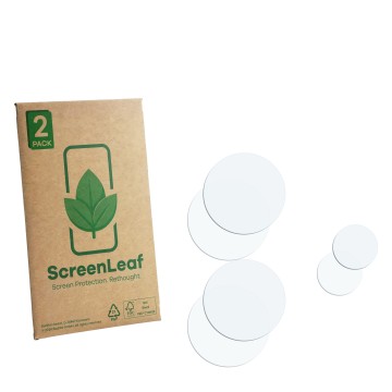 Parte frontal de un envase de producto con el logotipo de la marca ScreenLeaf. Al lado está el protector de pantalla correspon