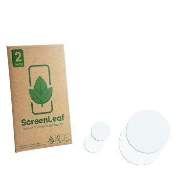 Front side of a product packaging with the brand logo ScreenLeaf. Next to it is the corresponding screen protector.