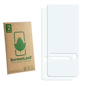 Vorderseite einer Produktverpackung mit dem Markenlogo ScreenLeaf. Daneben ist der zugehörige Displayschutz.