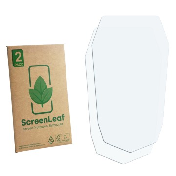 Parte frontal de un envase de producto con el logotipo de la marca ScreenLeaf. Al lado está el protector de pantalla correspon