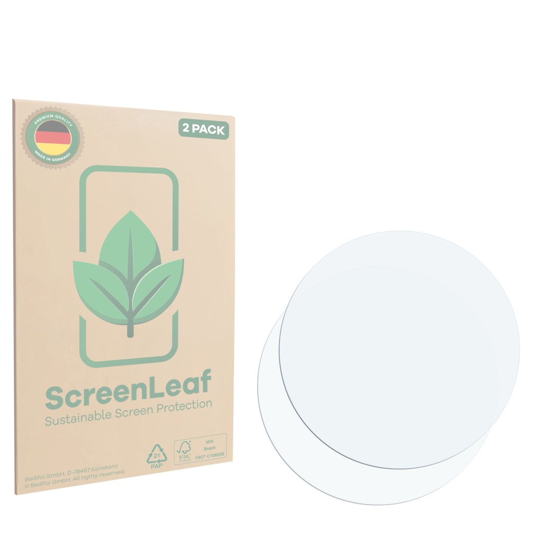 Parte frontal de un envase de producto con el logotipo de la marca ScreenLeaf. Al lado está el protector de pantalla correspon