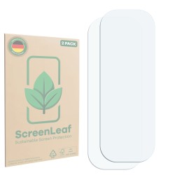 Face avant d’un emballage produit avec le logo de la marque ScreenLeaf. À côté se trouve la protection d’écran correspondante.