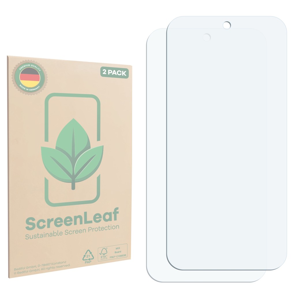 Vorderseite einer Produktverpackung mit dem Markenlogo ScreenLeaf. Daneben ist der zugehörige Displayschutz.