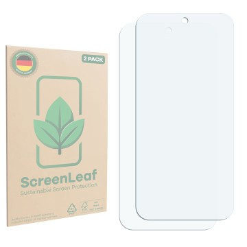 Vorderseite einer Produktverpackung mit dem Markenlogo ScreenLeaf. Daneben ist der zugehörige Displayschutz.