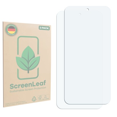 Vorderseite einer Produktverpackung mit dem Markenlogo ScreenLeaf. Daneben ist der zugehörige Displayschutz.