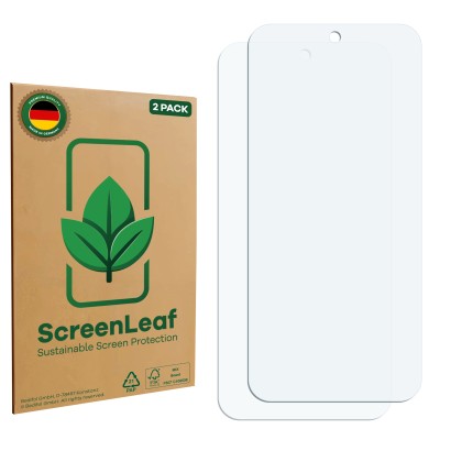 Vorderseite einer Produktverpackung mit dem Markenlogo ScreenLeaf. Daneben ist der zugehörige Displayschutz.