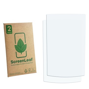Front side of a product packaging with the brand logo ScreenLeaf. Next to it is the corresponding screen protector.