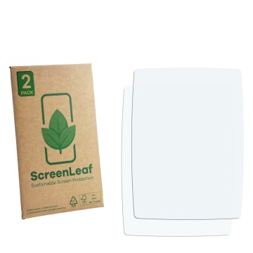 Front side of a product packaging with the brand logo ScreenLeaf. Next to it is the corresponding screen protector.