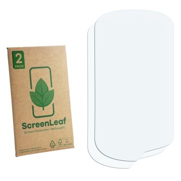 Vorderseite einer Produktverpackung mit dem Markenlogo ScreenLeaf. Daneben ist der zugehörige Displayschutz.