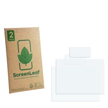Parte frontal de un envase de producto con el logotipo de la marca ScreenLeaf. Al lado está el protector de pantalla correspon