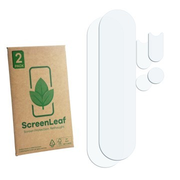 Front side of a product packaging with the brand logo ScreenLeaf. Next to it is the corresponding screen protector.