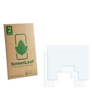 Parte frontal de un envase de producto con el logotipo de la marca ScreenLeaf. Al lado está el protector de pantalla correspon