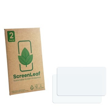Face avant d’un emballage produit avec le logo de la marque ScreenLeaf. À côté se trouve la protection d’écran correspondante.
