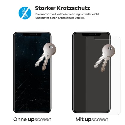 2 Smartphones – eines mit upscreen, eines ohne. Zusätzlich sind je 2 Schlüssel abgebildet. Das Smartphone ohne upscreen ist st