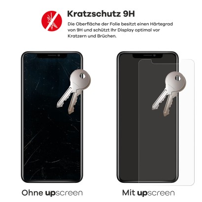 2 Geräte – eines mit upscreen, eines ohne. Zusätzlich sind je 2 Schlüssel abgebildet. Das Gerät ohne upscreen ist stark verkra