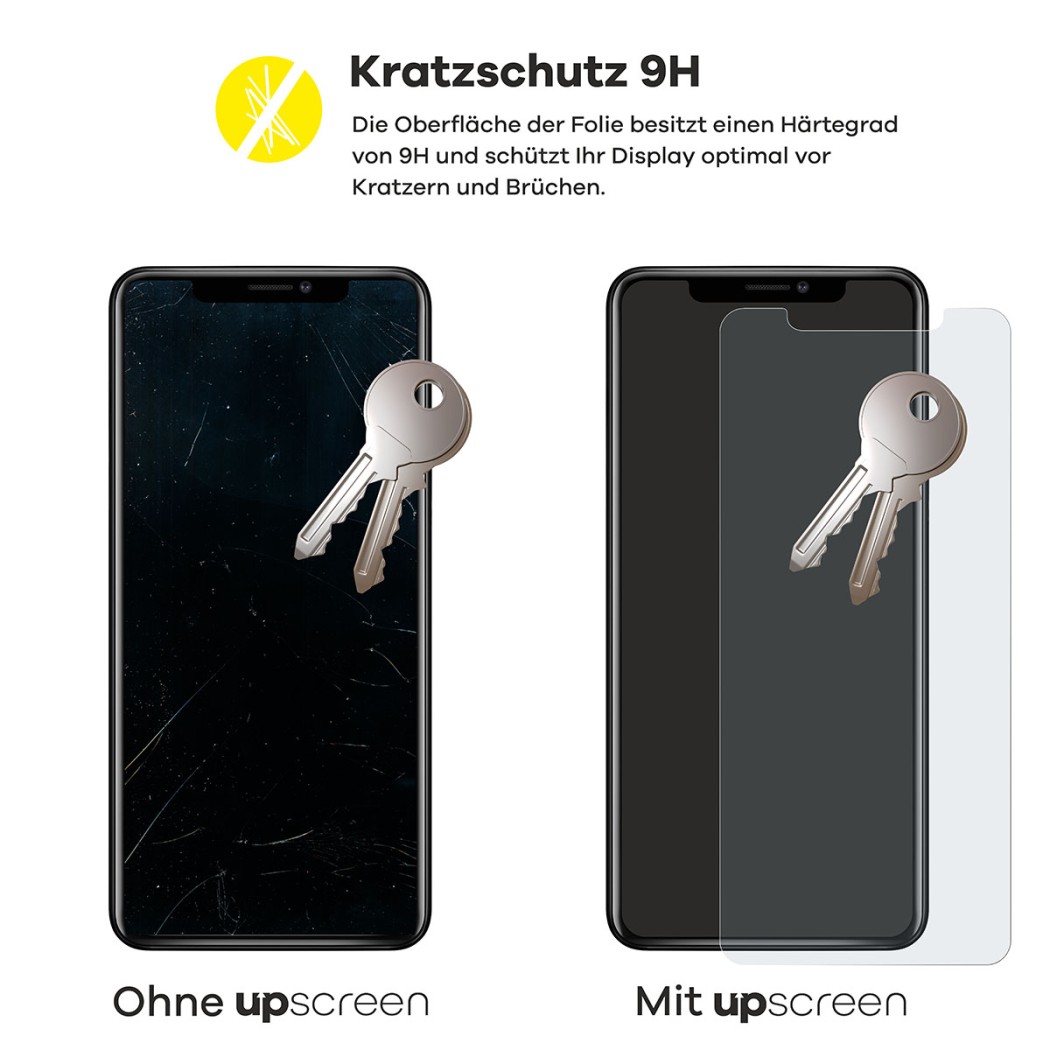 2 Geräte – eines mit upscreen, eines ohne. Zusätzlich sind je 2 Schlüssel abgebildet. Das Gerät ohne upscreen ist stark verkra